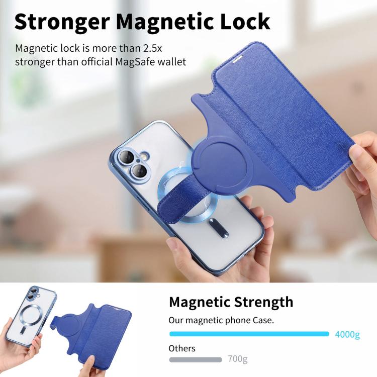 For iPhone 16 Splitable Electroplated MagSafe RFID Anti-theft Leather Phone Case with Lens Film