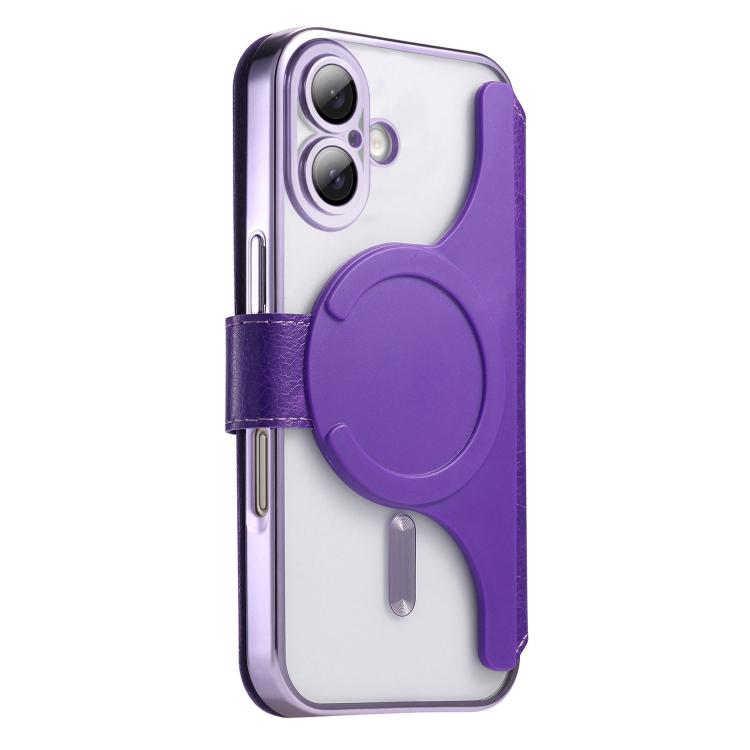 For iPhone 16 Splitable Electroplated MagSafe RFID Anti-theft Leather Phone Case with Lens Film