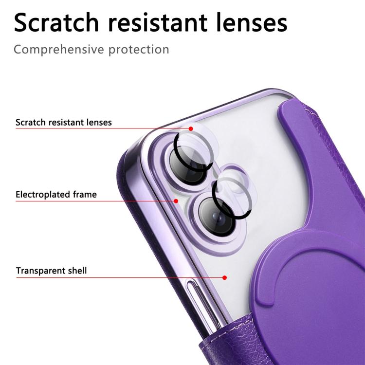 For iPhone 16 Splitable Electroplated MagSafe RFID Anti-theft Leather Phone Case with Lens Film