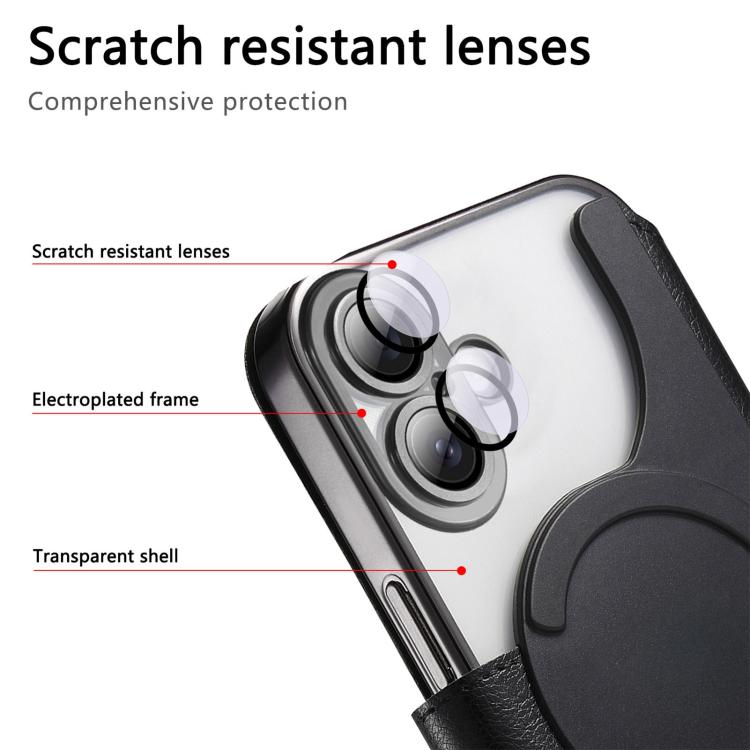 For iPhone 16 Splitable Electroplated MagSafe RFID Anti-theft Leather Phone Case with Lens Film