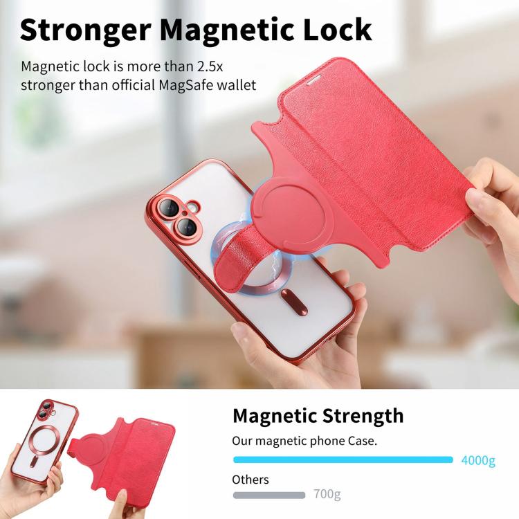 For iPhone 16 Splitable Electroplated MagSafe RFID Anti-theft Leather Phone Case with Lens Film