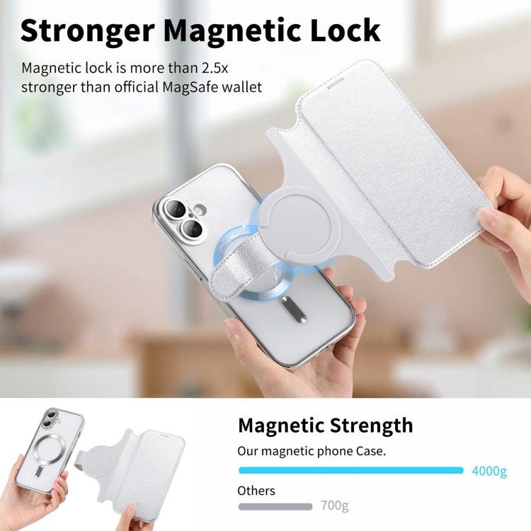 For iPhone 16 Splitable Electroplated MagSafe RFID Anti-theft Leather Phone Case with Lens Film