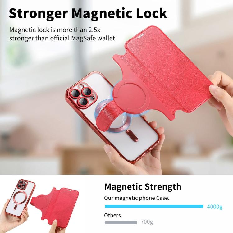 For iPhone 15 Pro Max Splitable Electroplated MagSafe RFID Anti-theft Leather Phone Case with Lens Film