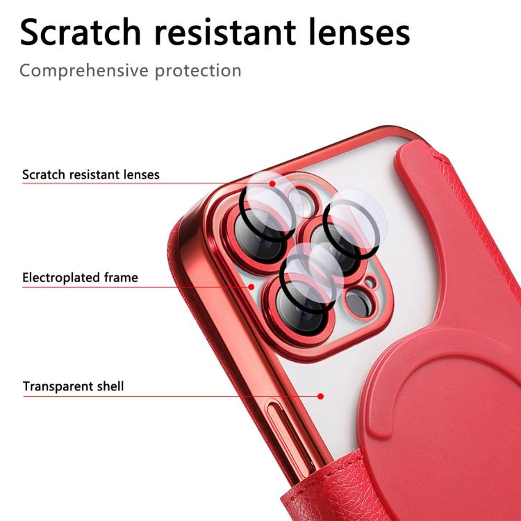 For iPhone 15 Pro Max Splitable Electroplated MagSafe RFID Anti-theft Leather Phone Case with Lens Film