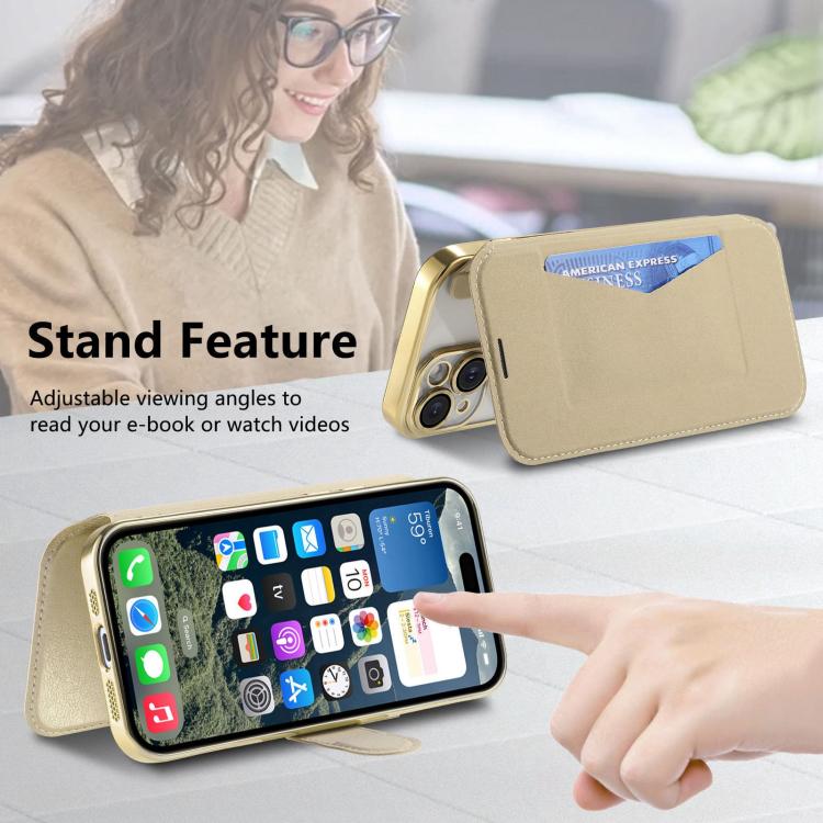 For iPhone 15 Pro Max Splitable Electroplated MagSafe RFID Anti-theft Leather Phone Case with Lens Film