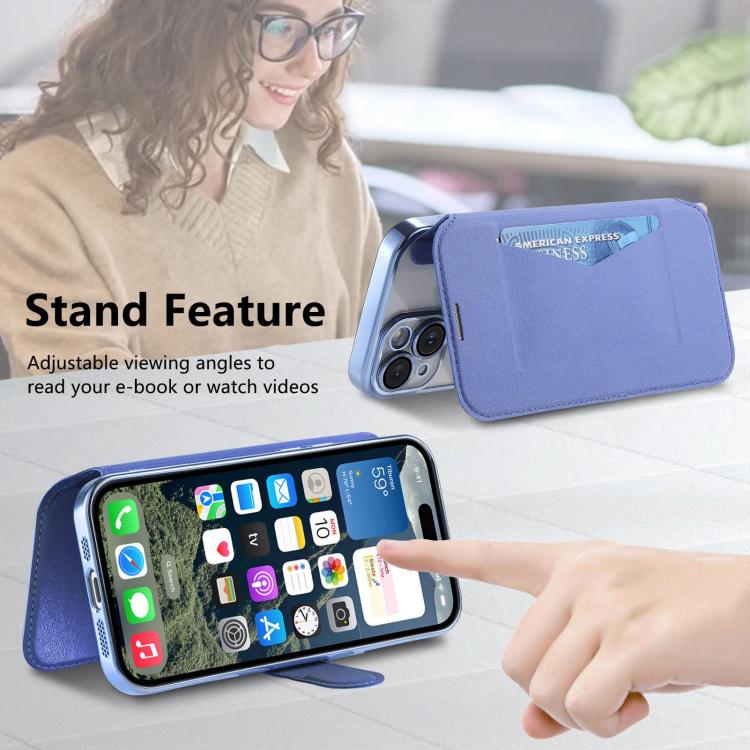 For iPhone 15 Pro Splitable Electroplated MagSafe RFID Anti-theft Leather Phone Case with Lens Film