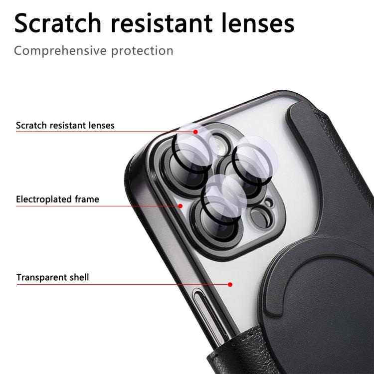 For iPhone 15 Pro Splitable Electroplated MagSafe RFID Anti-theft Leather Phone Case with Lens Film