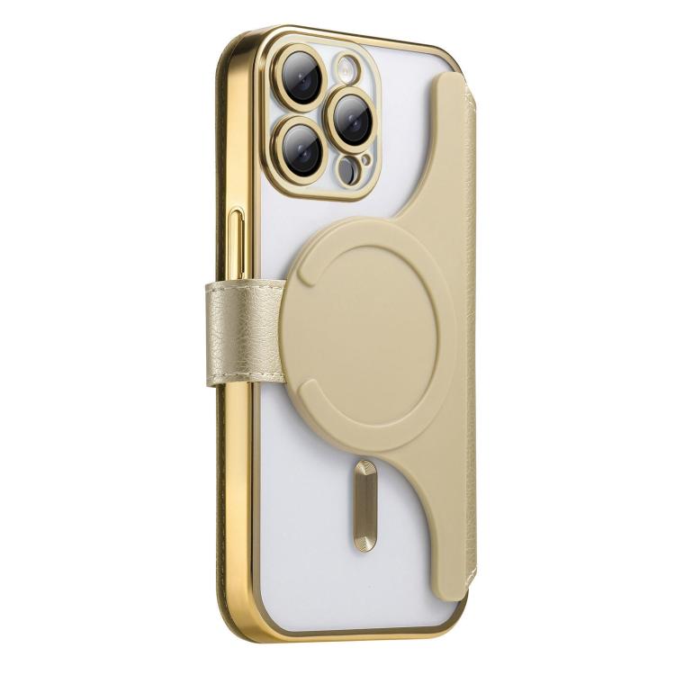 For iPhone 15 Pro Splitable Electroplated MagSafe RFID Anti-theft Leather Phone Case with Lens Film