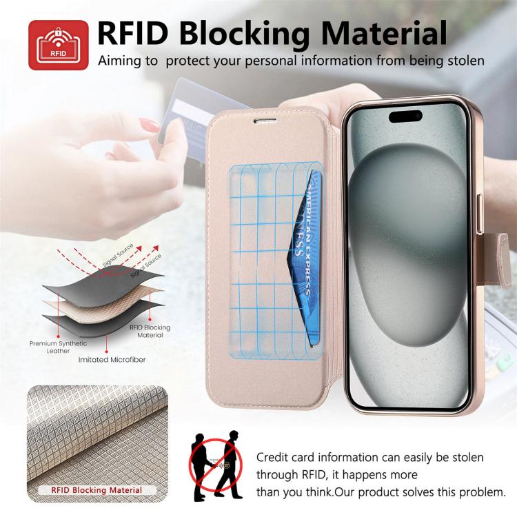 For iPhone 15 Plus Splitable Electroplated MagSafe RFID Anti-theft Leather Phone Case with Lens Film