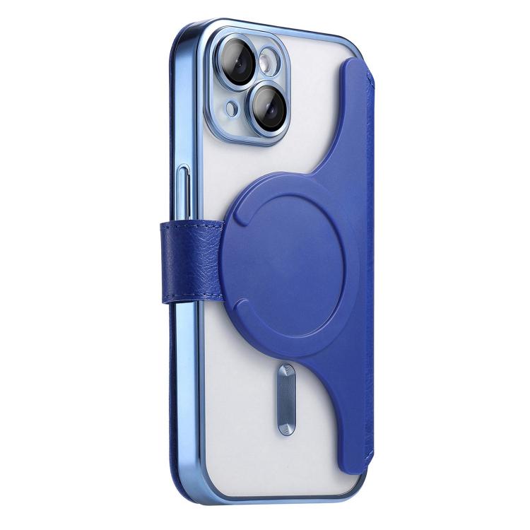 For iPhone 15 Plus Splitable Electroplated MagSafe RFID Anti-theft Leather Phone Case with Lens Film