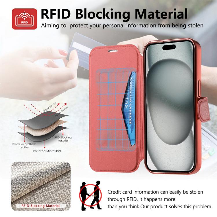 For iPhone 15 Plus Splitable Electroplated MagSafe RFID Anti-theft Leather Phone Case with Lens Film