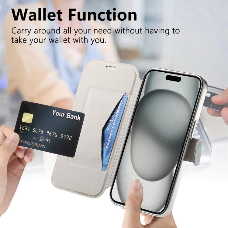 For iPhone 15 Plus Splitable Electroplated MagSafe RFID Anti-theft Leather Phone Case with Lens Film