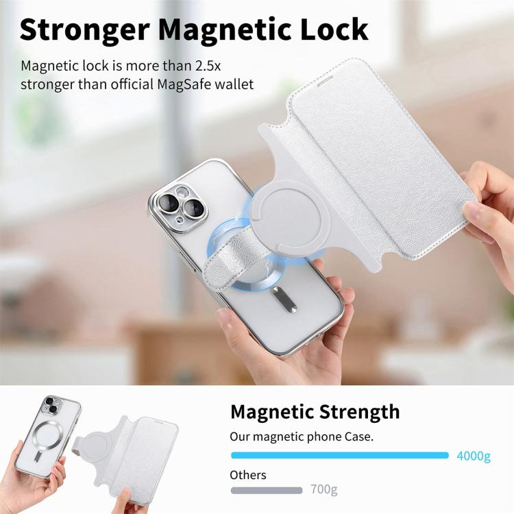 For iPhone 15 Plus Splitable Electroplated MagSafe RFID Anti-theft Leather Phone Case with Lens Film