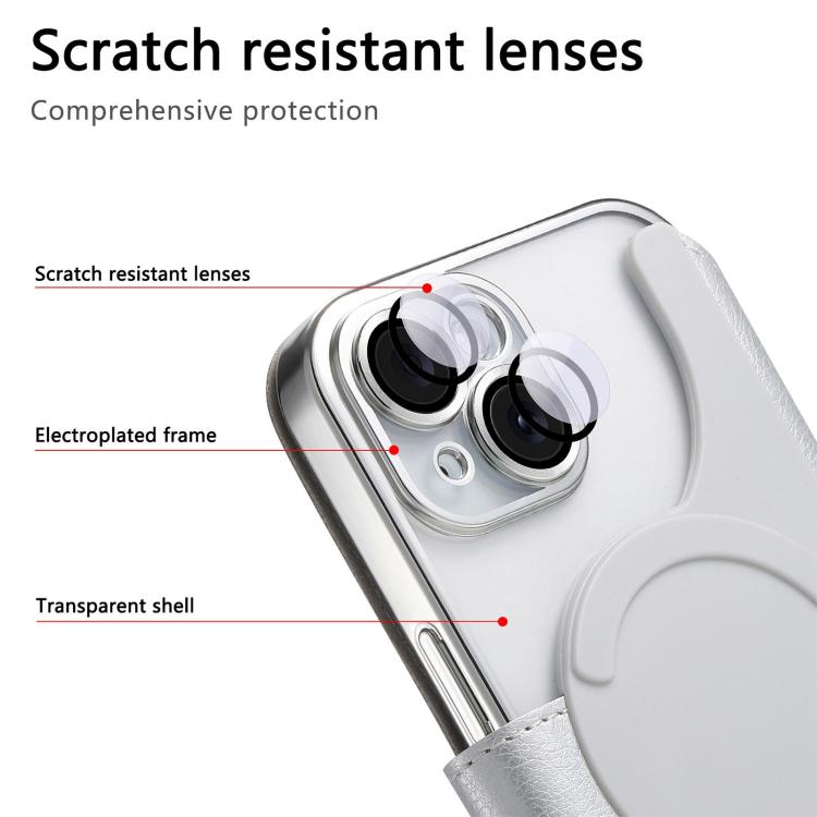 For iPhone 15 Plus Splitable Electroplated MagSafe RFID Anti-theft Leather Phone Case with Lens Film
