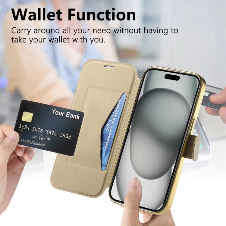 For iPhone 15 Plus Splitable Electroplated MagSafe RFID Anti-theft Leather Phone Case with Lens Film