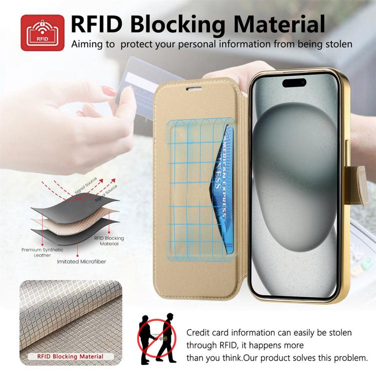 For iPhone 15 Plus Splitable Electroplated MagSafe RFID Anti-theft Leather Phone Case with Lens Film