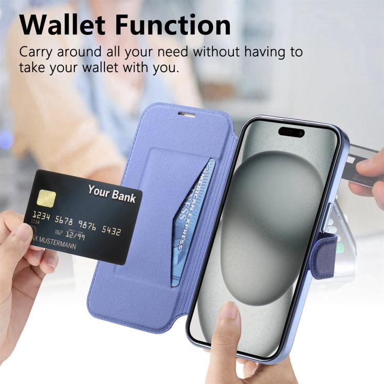 For iPhone 15 Splitable Electroplated MagSafe RFID Anti-theft Leather Phone Case with Lens Film