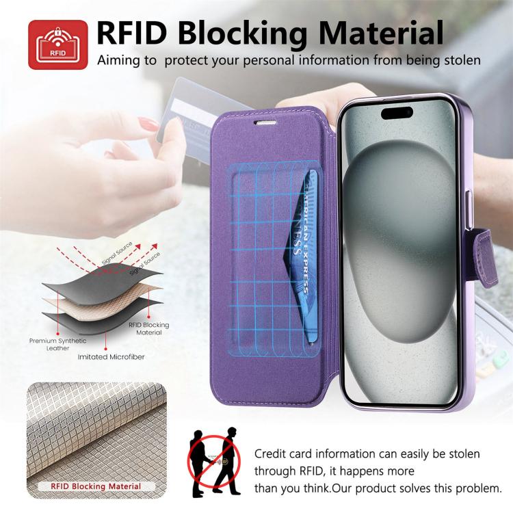 For iPhone 15 Splitable Electroplated MagSafe RFID Anti-theft Leather Phone Case with Lens Film
