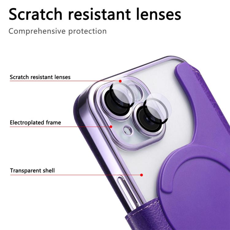 For iPhone 15 Splitable Electroplated MagSafe RFID Anti-theft Leather Phone Case with Lens Film