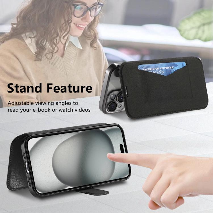 For iPhone 15 Splitable Electroplated MagSafe RFID Anti-theft Leather Phone Case with Lens Film