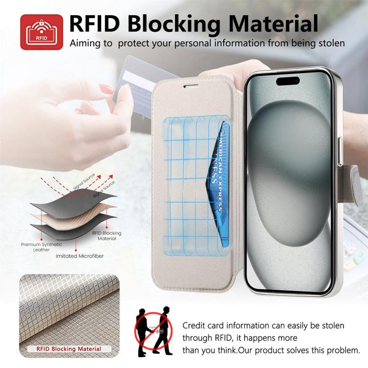For iPhone 15 Splitable Electroplated MagSafe RFID Anti-theft Leather Phone Case with Lens Film