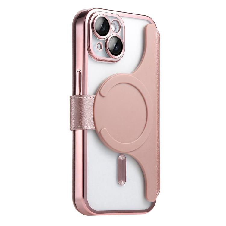 For iPhone 14 Plus Splitable Electroplated MagSafe RFID Anti-theft Leather Phone Case with Lens Film