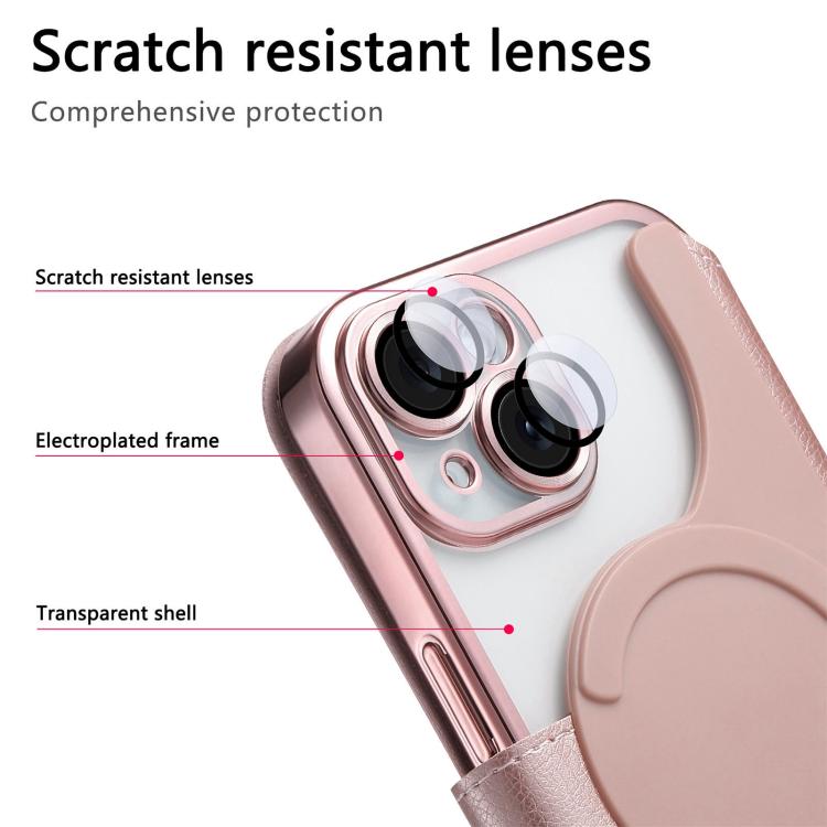 For iPhone 14 Plus Splitable Electroplated MagSafe RFID Anti-theft Leather Phone Case with Lens Film