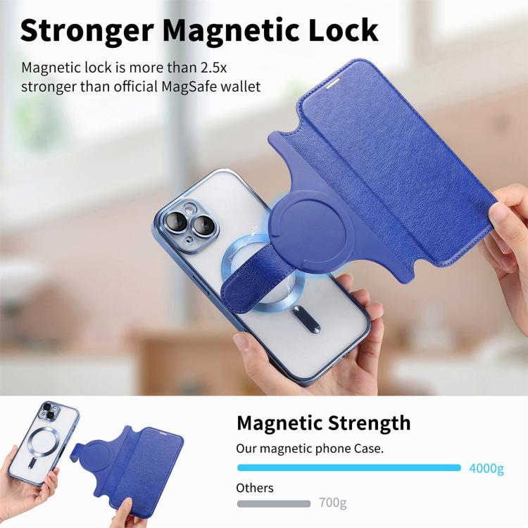 For iPhone 14 Plus Splitable Electroplated MagSafe RFID Anti-theft Leather Phone Case with Lens Film