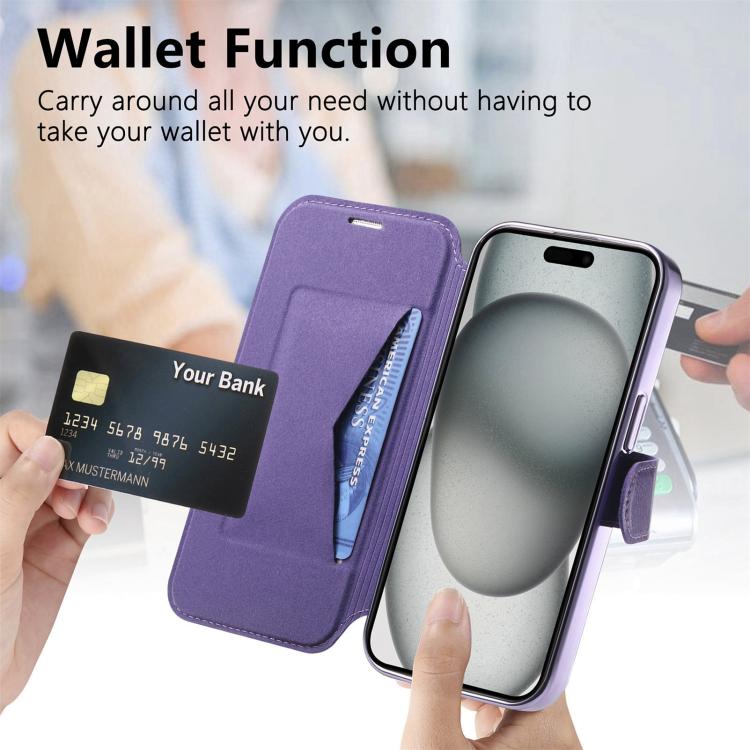 For iPhone 14 Plus Splitable Electroplated MagSafe RFID Anti-theft Leather Phone Case with Lens Film