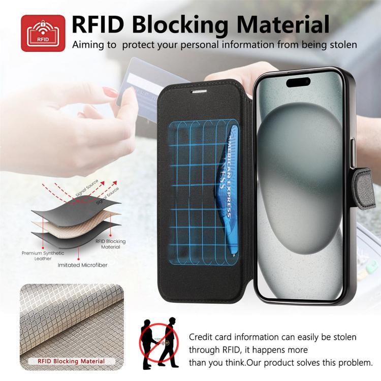 For iPhone 14 Plus Splitable Electroplated MagSafe RFID Anti-theft Leather Phone Case with Lens Film