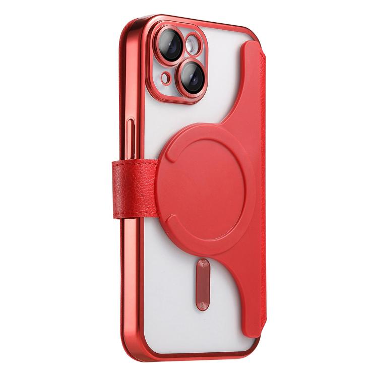 For iPhone 14 Plus Splitable Electroplated MagSafe RFID Anti-theft Leather Phone Case with Lens Film
