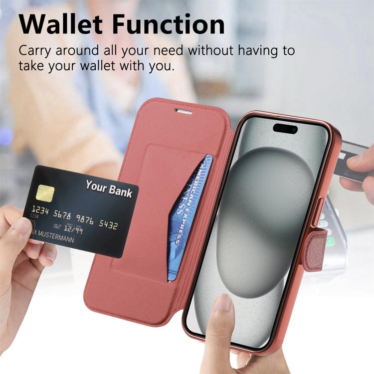For iPhone 14 Plus Splitable Electroplated MagSafe RFID Anti-theft Leather Phone Case with Lens Film
