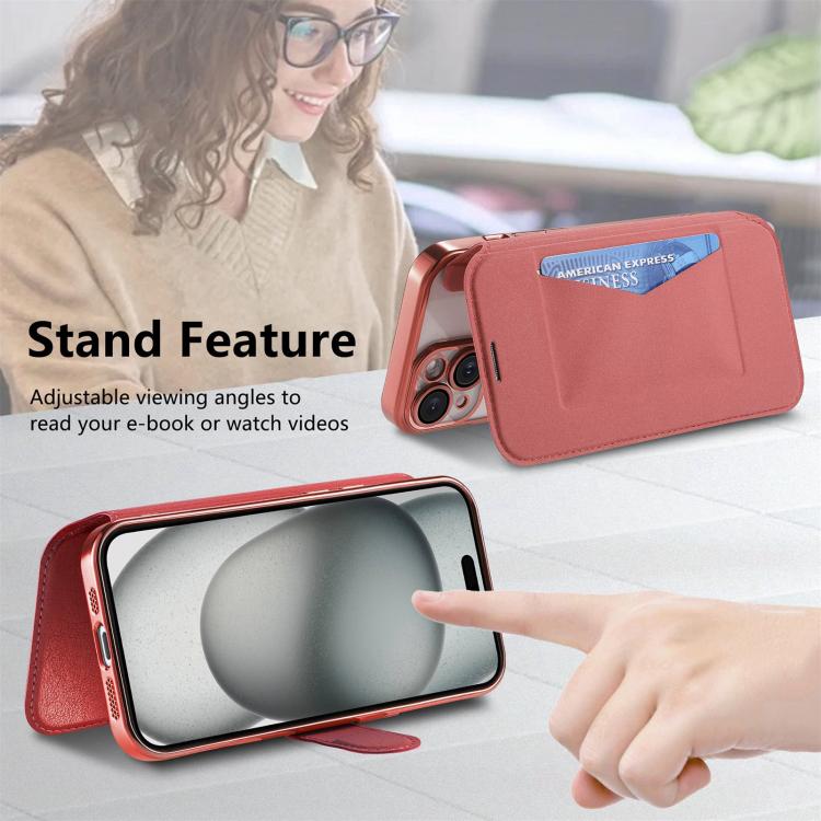 For iPhone 14 Plus Splitable Electroplated MagSafe RFID Anti-theft Leather Phone Case with Lens Film