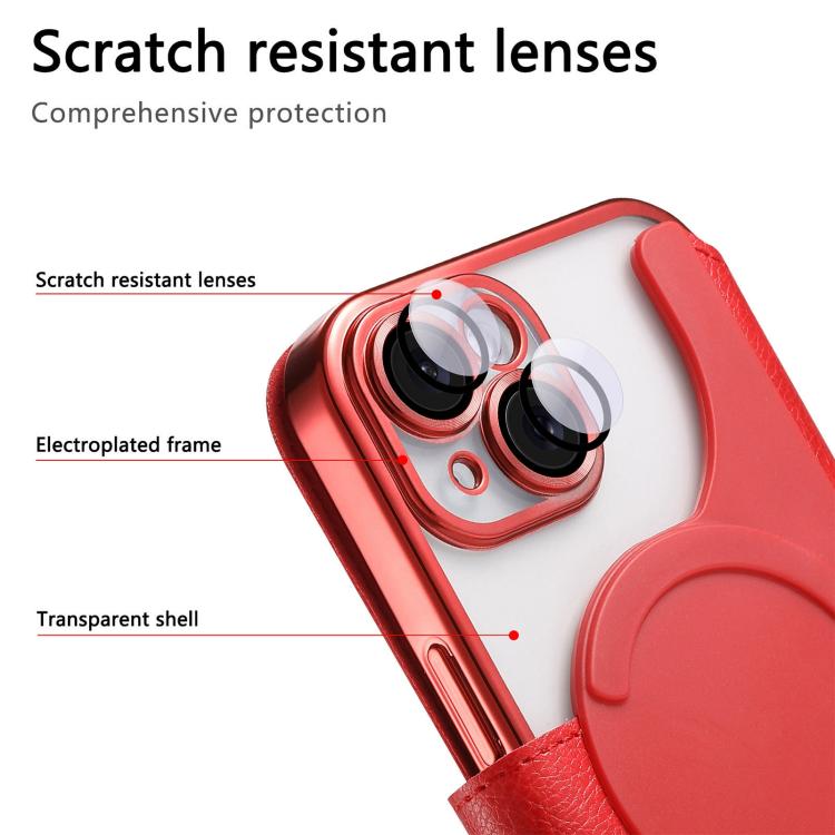 For iPhone 14 Plus Splitable Electroplated MagSafe RFID Anti-theft Leather Phone Case with Lens Film
