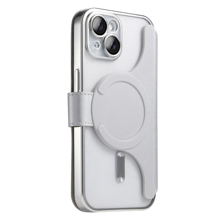 For iPhone 14 Plus Splitable Electroplated MagSafe RFID Anti-theft Leather Phone Case with Lens Film