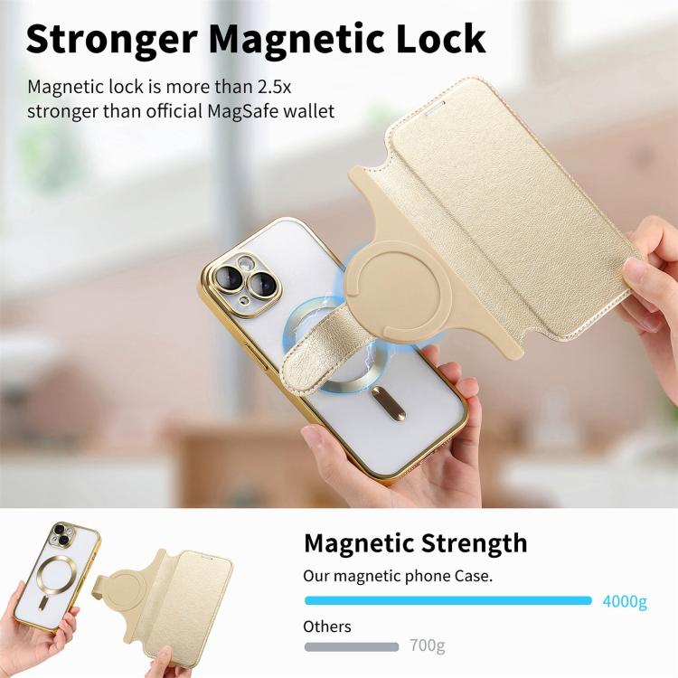 For iPhone 14 Plus Splitable Electroplated MagSafe RFID Anti-theft Leather Phone Case with Lens Film