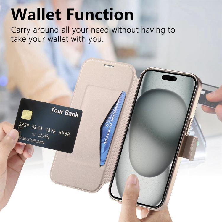 For iPhone 14 Splitable Electroplated MagSafe RFID Anti-theft Leather Phone Case with Lens Film
