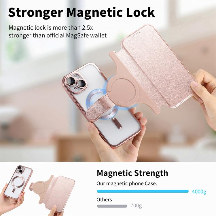 For iPhone 14 Splitable Electroplated MagSafe RFID Anti-theft Leather Phone Case with Lens Film