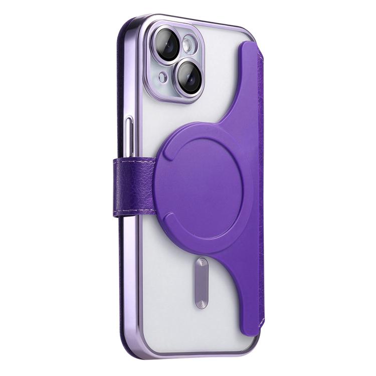 For iPhone 14 Splitable Electroplated MagSafe RFID Anti-theft Leather Phone Case with Lens Film