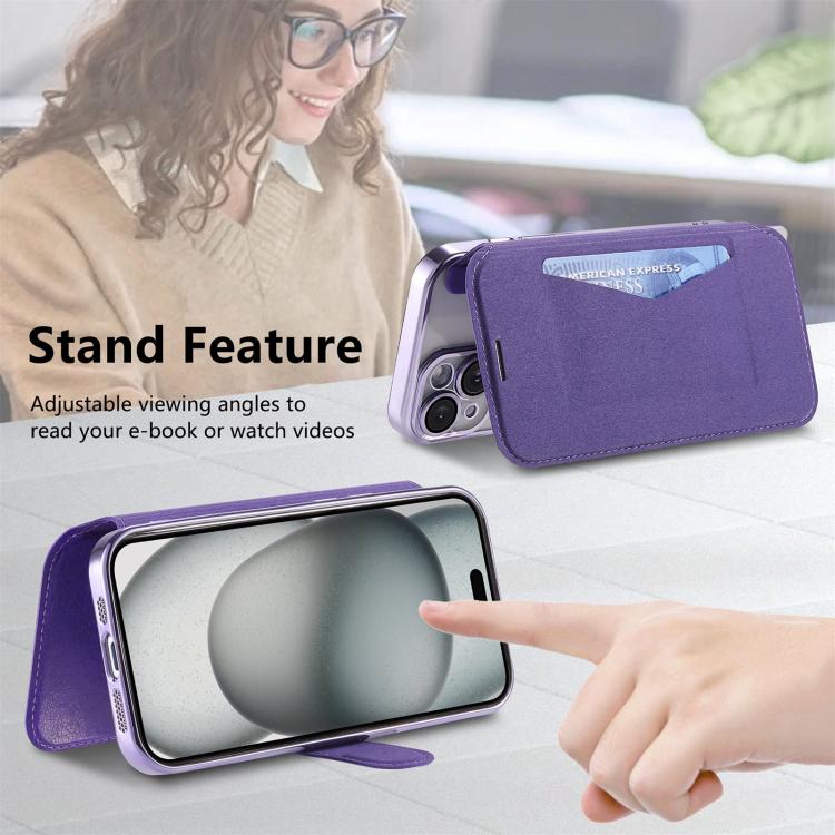 For iPhone 14 Splitable Electroplated MagSafe RFID Anti-theft Leather Phone Case with Lens Film