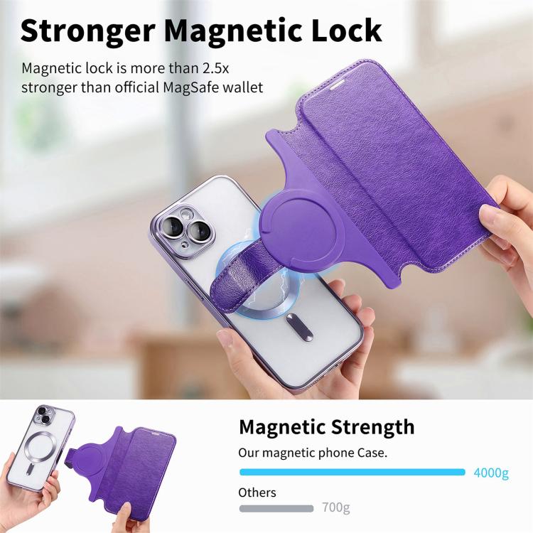 For iPhone 14 Splitable Electroplated MagSafe RFID Anti-theft Leather Phone Case with Lens Film