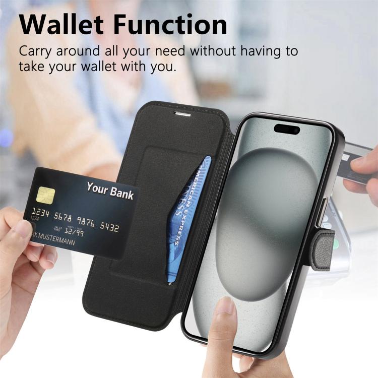 For iPhone 14 Splitable Electroplated MagSafe RFID Anti-theft Leather Phone Case with Lens Film