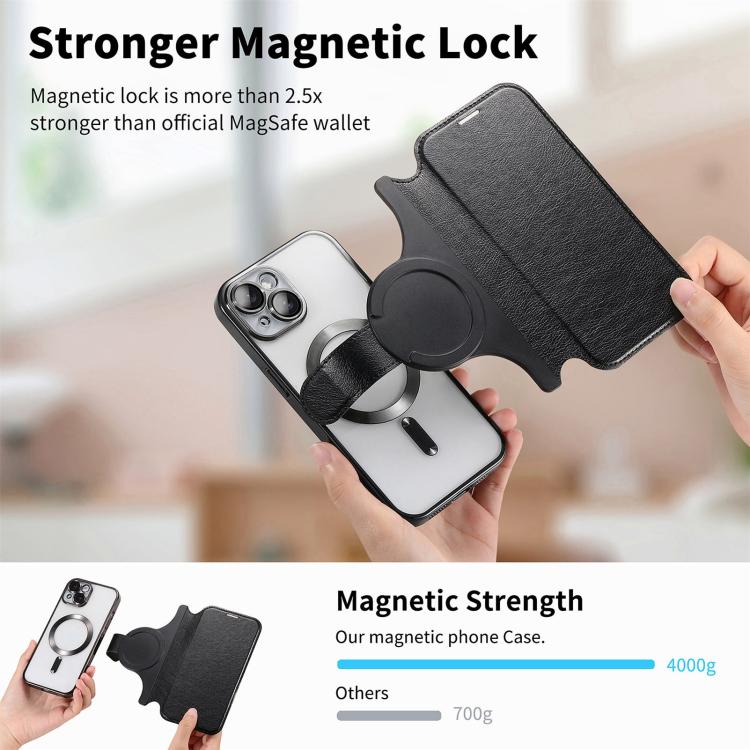 For iPhone 14 Splitable Electroplated MagSafe RFID Anti-theft Leather Phone Case with Lens Film