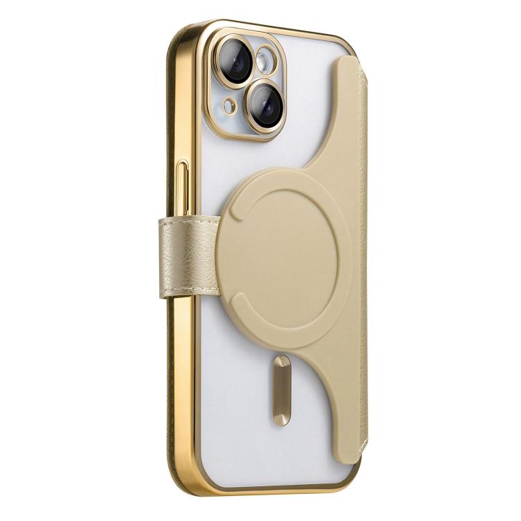 For iPhone 14 Splitable Electroplated MagSafe RFID Anti-theft Leather Phone Case with Lens Film