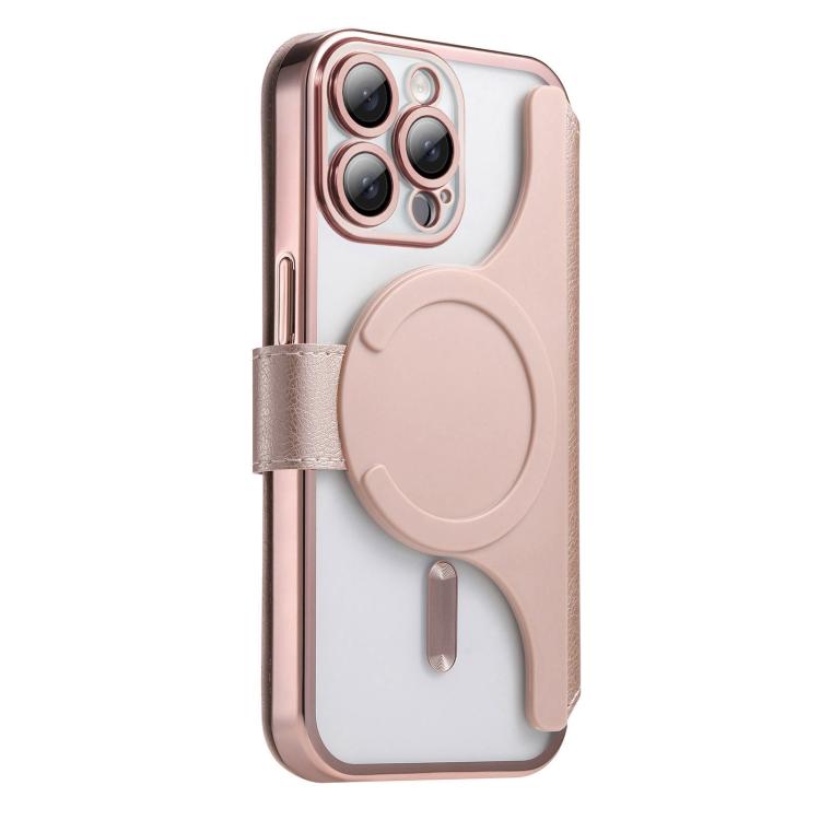 For iPhone 14 Pro Splitable Electroplated MagSafe RFID Anti-theft Leather Phone Case with Lens Film