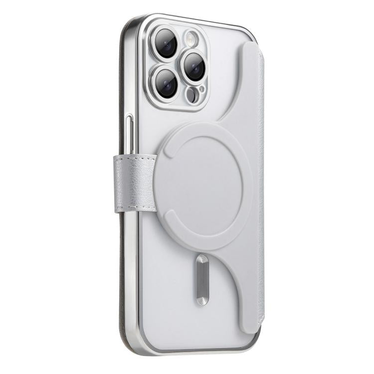 For iPhone 14 Pro Splitable Electroplated MagSafe RFID Anti-theft Leather Phone Case with Lens Film