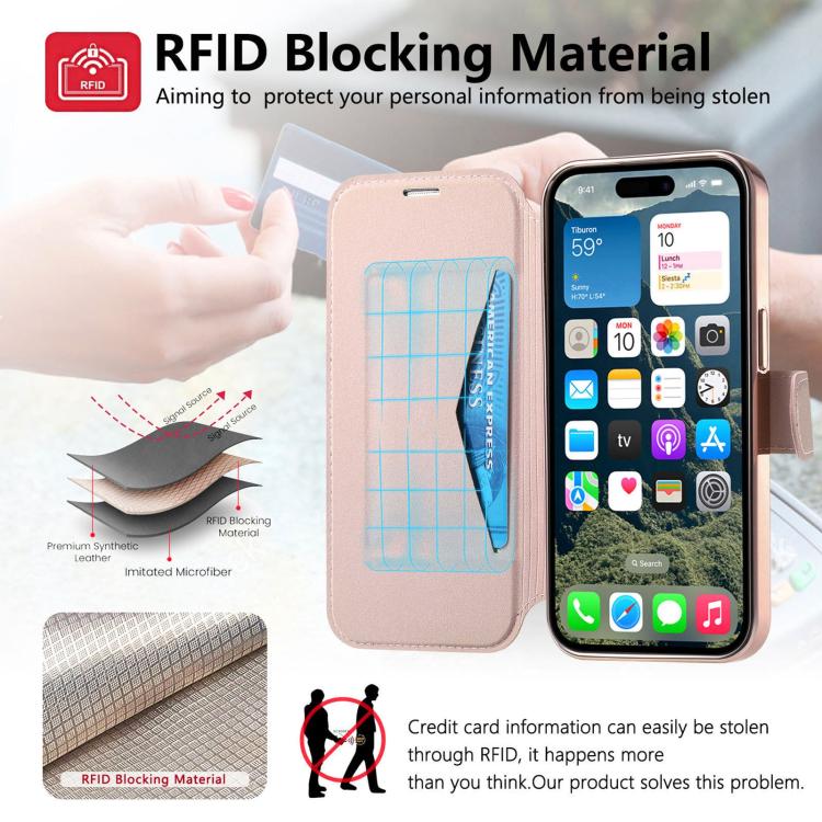 For iPhone 14 Pro Max Splitable Electroplated MagSafe RFID Anti-theft Leather Phone Case with Lens Film
