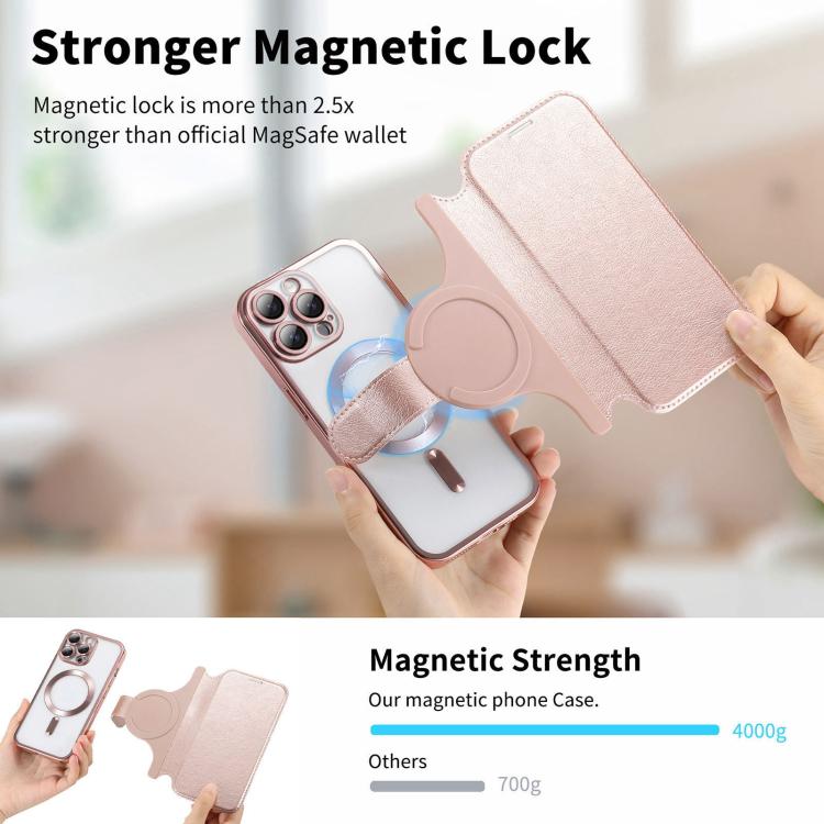 For iPhone 14 Pro Max Splitable Electroplated MagSafe RFID Anti-theft Leather Phone Case with Lens Film