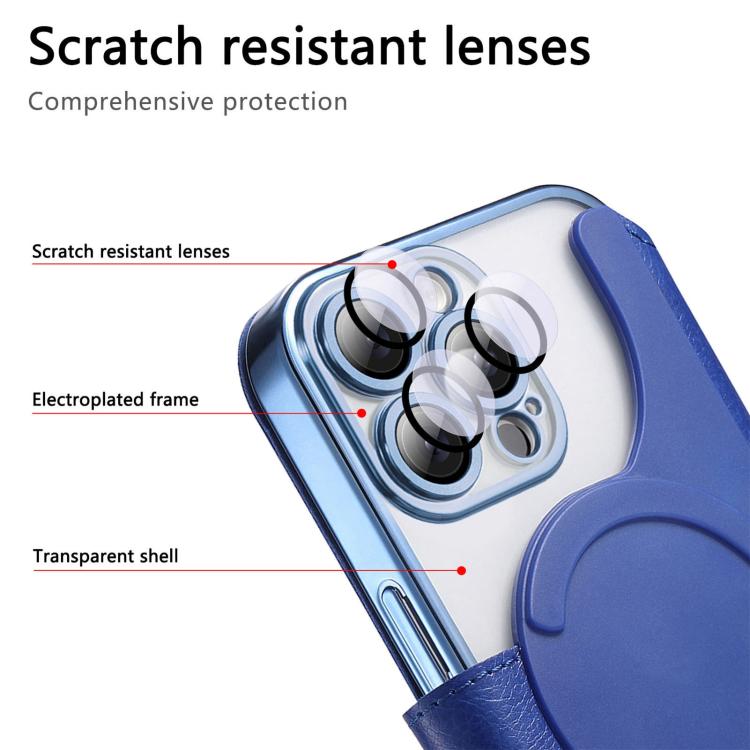 For iPhone 14 Pro Max Splitable Electroplated MagSafe RFID Anti-theft Leather Phone Case with Lens Film