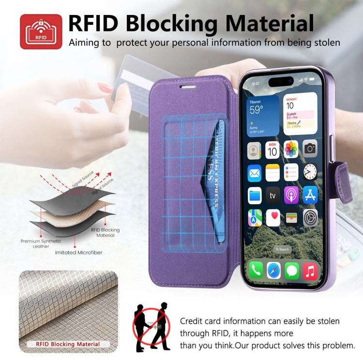 For iPhone 14 Pro Max Splitable Electroplated MagSafe RFID Anti-theft Leather Phone Case with Lens Film